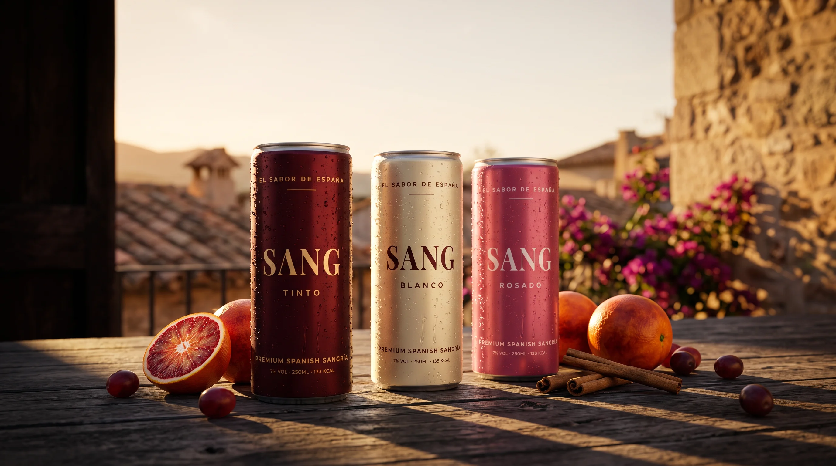 SANG Tinto, Blanco en Rosado op een Spaans terras bij zonsondergang